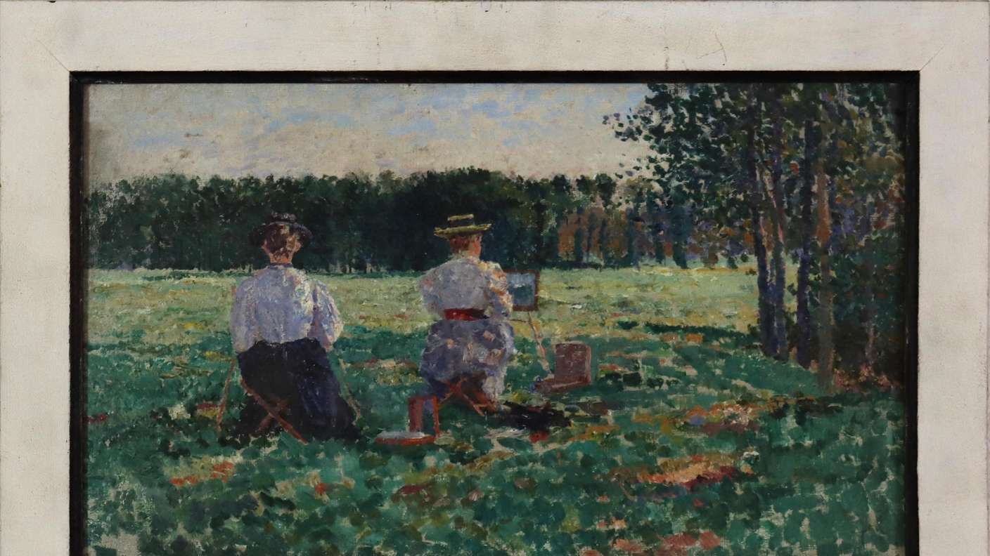 Heinrich Giebel · Landschaft mit zwei Malerinnen an der Antreff